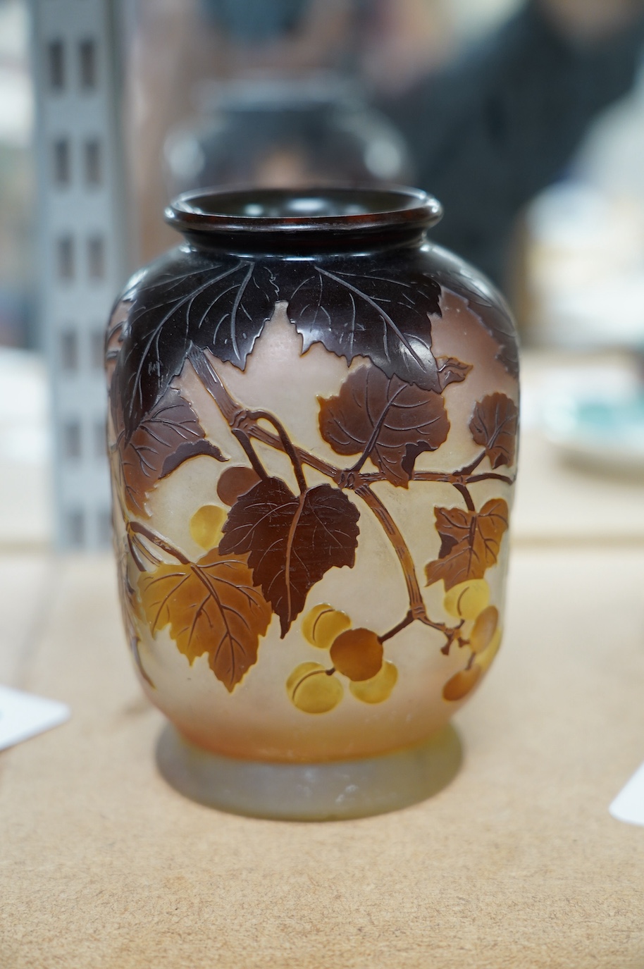 A Gallé brown vines vase, 14.5cm high. Condition - fair to good, some scratches mainly to base